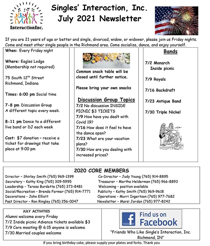 Supplied Flyer: July Singles Interaction Newsletter