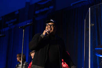 Supplied Photo:  James A. Strong Jr., director of IU Soul Revue, addresses the crowd at IU East. Strong is an IU East and Soul Revue alumnus.