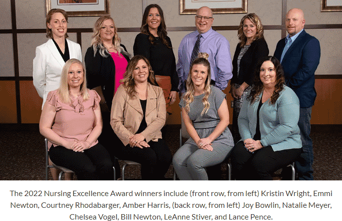 Supplied Photo:  The 2022 Nursing Excellence Award winners include (front row, from left) Kristin Wright, Emmi Newton, Courtney Rhodabarger, Amber Harris, (back row, from left) Joy Bowlin, Natalie Meyer, Chelsea Vogel, Bill Newton, LeAnne Stiver, and Lance Pence.